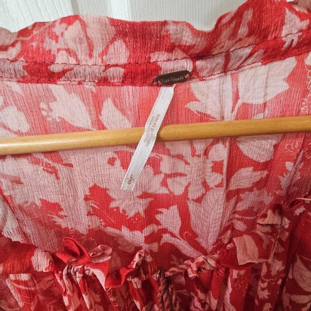 Free People Red Floral Tassel Blouse Size L/G - Picture 5 of 8